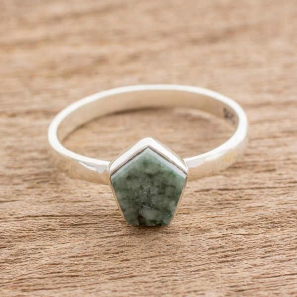Alternate image for Light Green Jade Pentagon and Sterling Silver Cocktail Ring Striking in Light Green