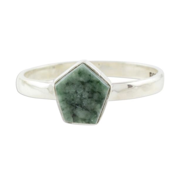 Alternate image for Light Green Jade Pentagon and Sterling Silver Cocktail Ring Striking in Light Green