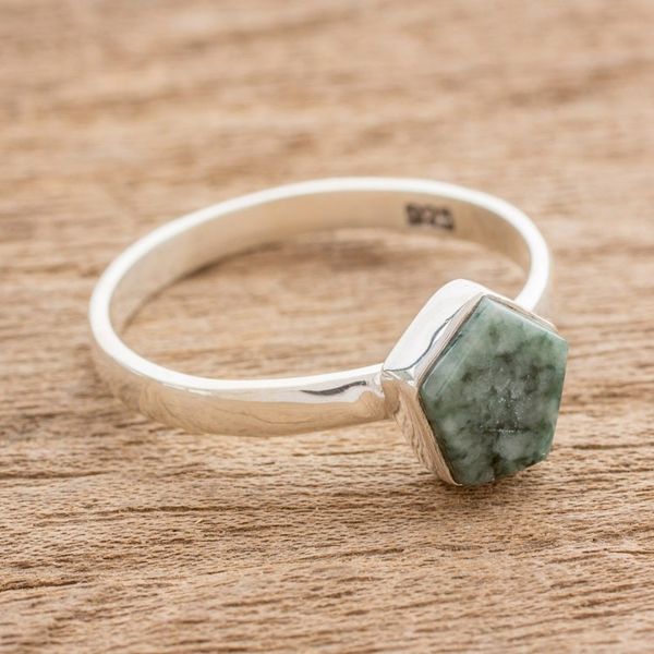 Alternate image for Light Green Jade Pentagon and Sterling Silver Cocktail Ring Striking in Light Green