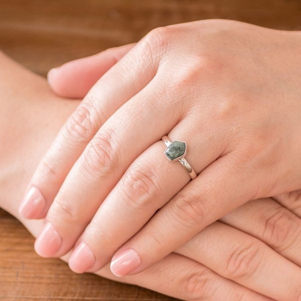 Alternate image for Light Green Jade Pentagon and Sterling Silver Cocktail Ring Striking in Light Green