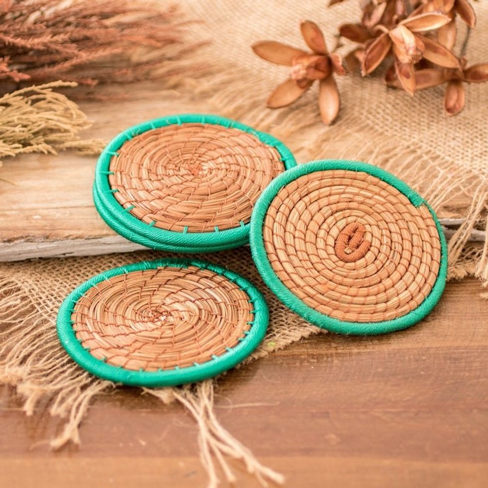 Pine Needle Polyester Green Coasters Set of 4 Guatemala 'Latin Toast in Green'