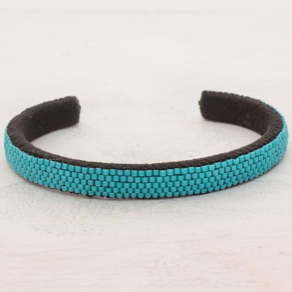 Glass Beaded Cuff Bracelet in Solid Blue from El Salvador 'Beautiful Horizon in Blue'