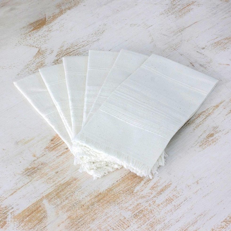 Six Handwoven Cotton Napkins in Eggshell from Guatemala 'Parallel Purity'