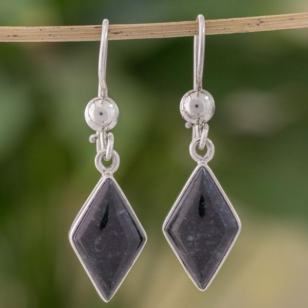 Alternate image for Very Dark Green Jade and Sterling Silver Dangle Earrings Dark Verdant Diamond