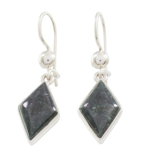 Alternate image for Very Dark Green Jade and Sterling Silver Dangle Earrings Dark Verdant Diamond