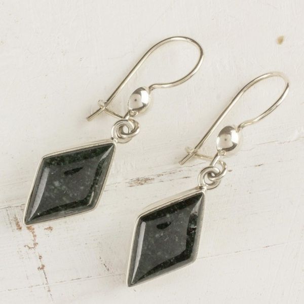 Alternate image for Very Dark Green Jade and Sterling Silver Dangle Earrings Dark Verdant Diamond