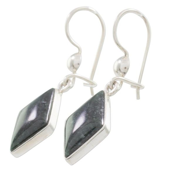 Alternate image for Very Dark Green Jade and Sterling Silver Dangle Earrings Dark Verdant Diamond