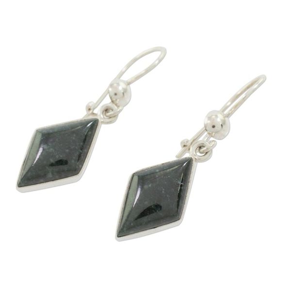 Alternate image for Very Dark Green Jade and Sterling Silver Dangle Earrings Dark Verdant Diamond