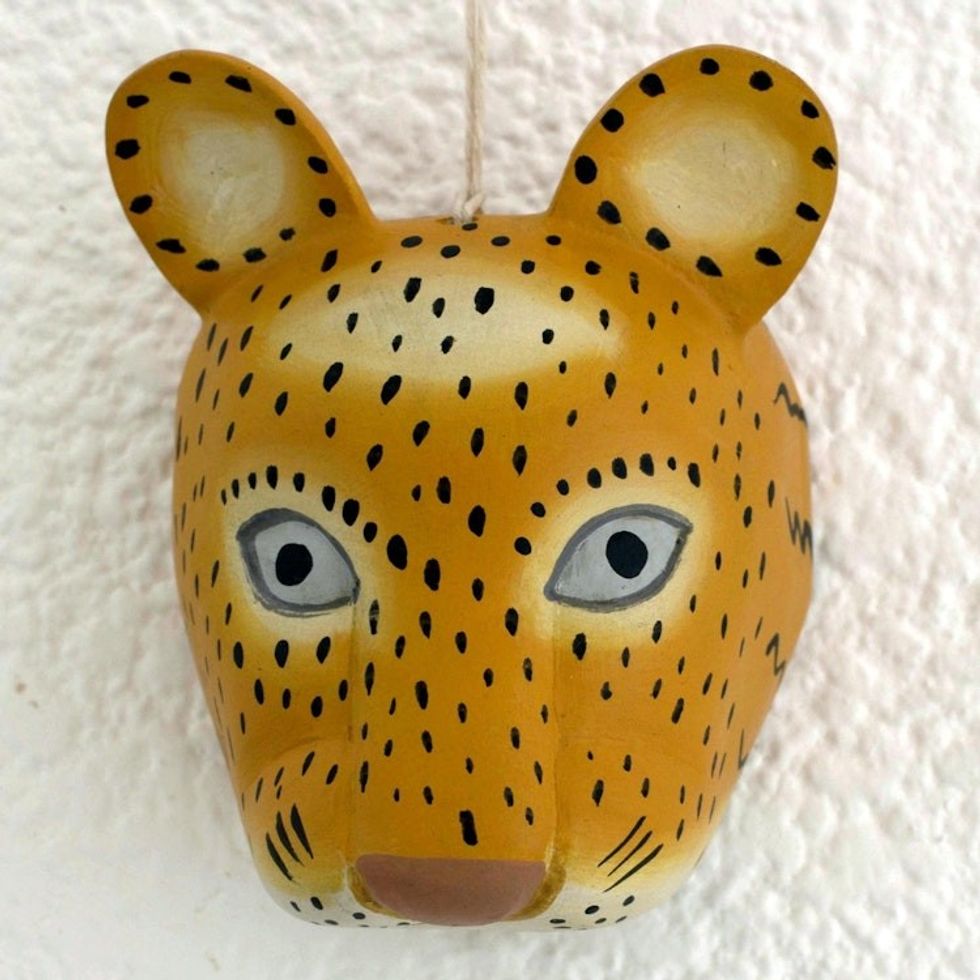 Guatemala Artisan Carved and Painted Pinewood Jaguar Mask 'Royal Maya Jaguar'