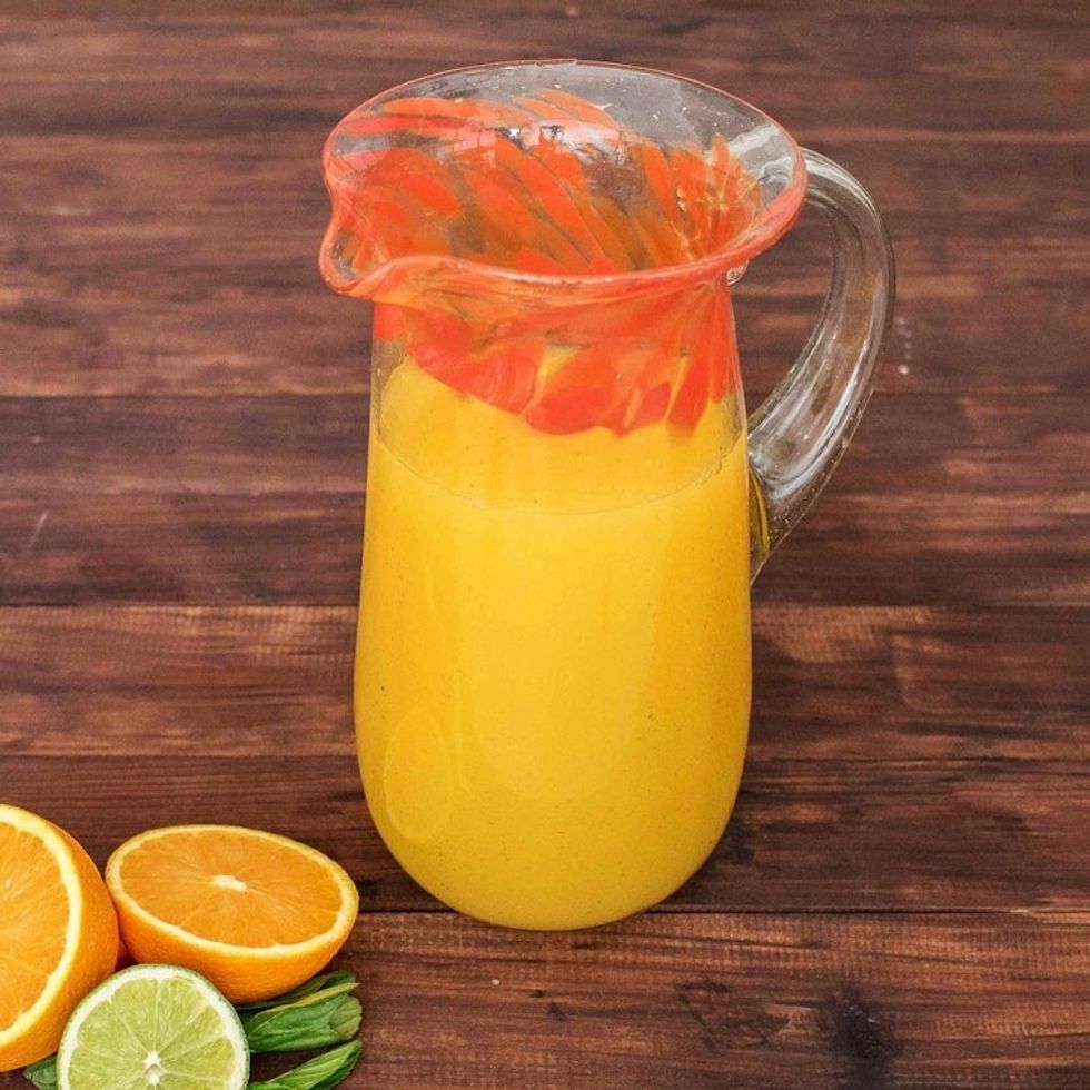 Clear Hand-blown Glass Pitcher with Orange Rim 'Fresh Mandarin'