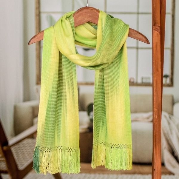 Alternate image for Light and Dark Green Hand Woven Rayon Scarf Iridescent Green Pastels