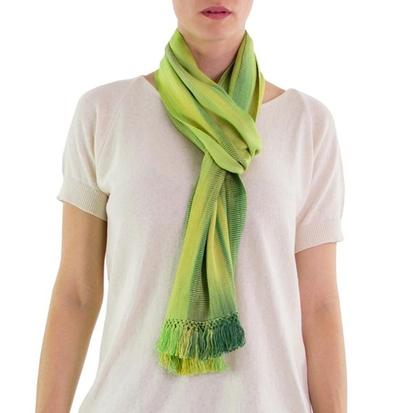 Alternate image for Light and Dark Green Hand Woven Rayon Scarf Iridescent Green Pastels