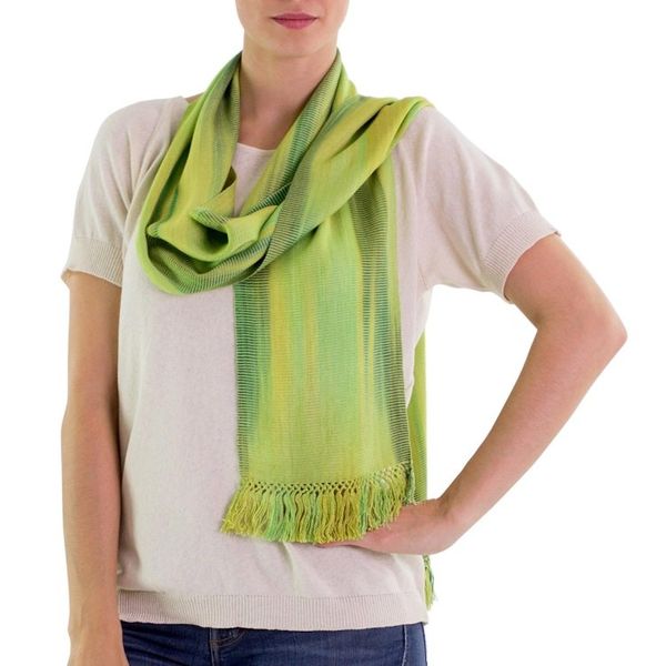 Alternate image for Light and Dark Green Hand Woven Rayon Scarf Iridescent Green Pastels