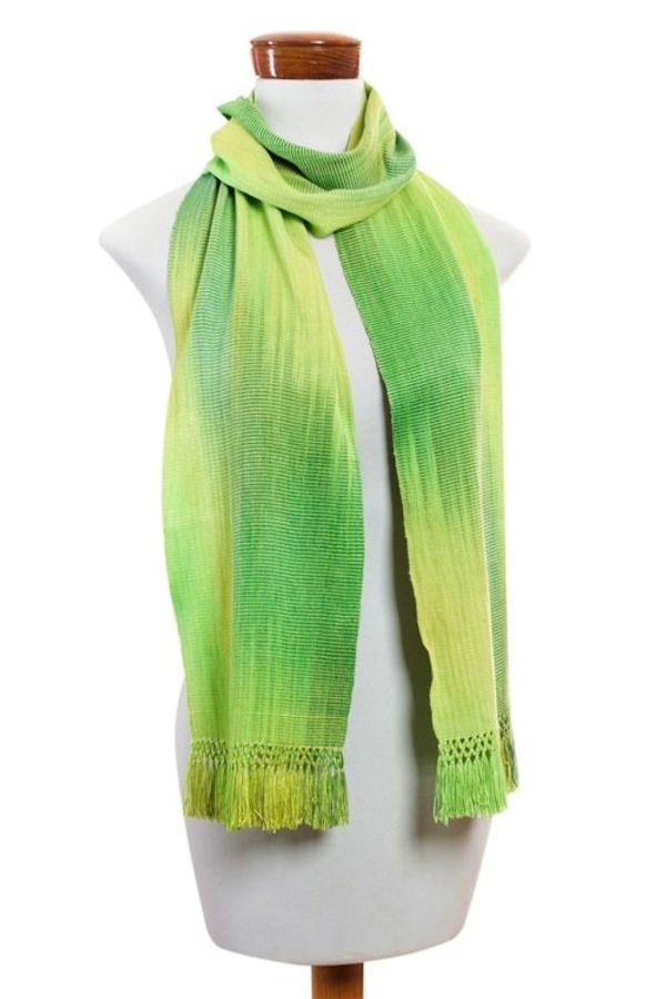 Alternate image for Light and Dark Green Hand Woven Rayon Scarf Iridescent Green Pastels