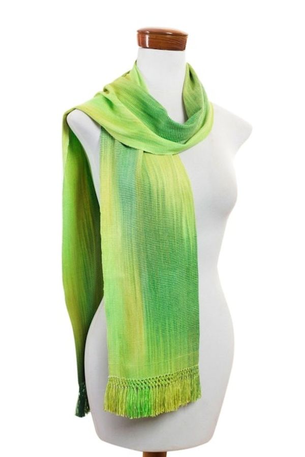 Alternate image for Light and Dark Green Hand Woven Rayon Scarf Iridescent Green Pastels
