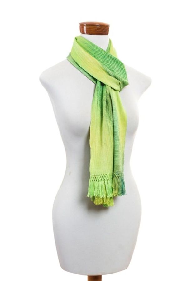Alternate image for Light and Dark Green Hand Woven Rayon Scarf Iridescent Green Pastels