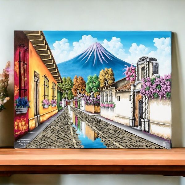 Alternate image for Antigua Guatemala Signed Oil on Canvas Painting Street of the Bells