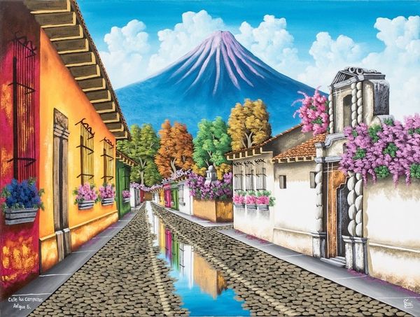 Alternate image for Antigua Guatemala Signed Oil on Canvas Painting Street of the Bells