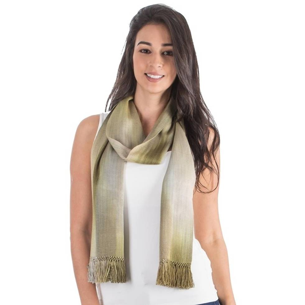 Grey Olive Green Hand Made Rayon Chenille Scarf 'Iridescent Olive'