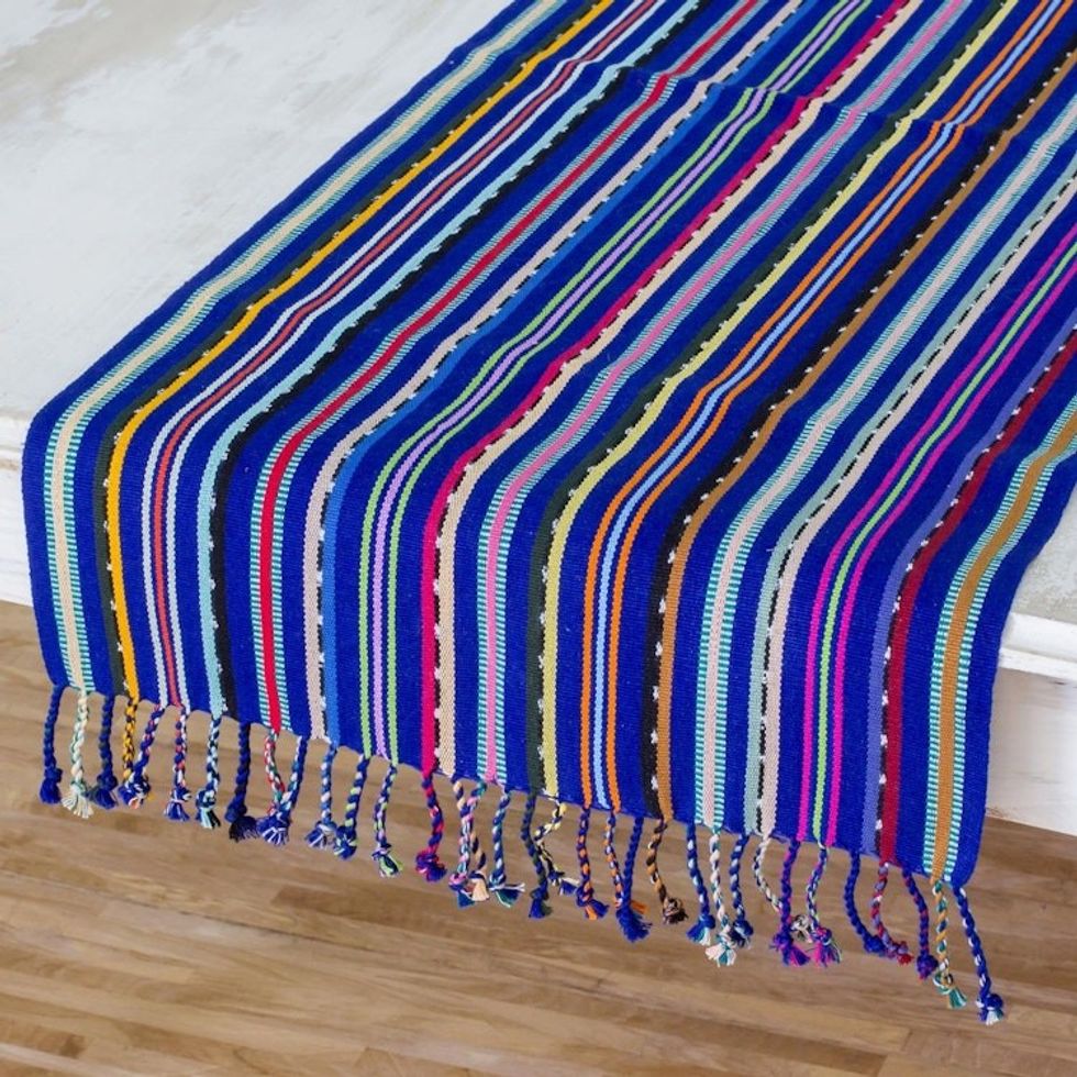 Blue and Multicolored Hand Woven Cotton Table Runner 'Colors of my Land'