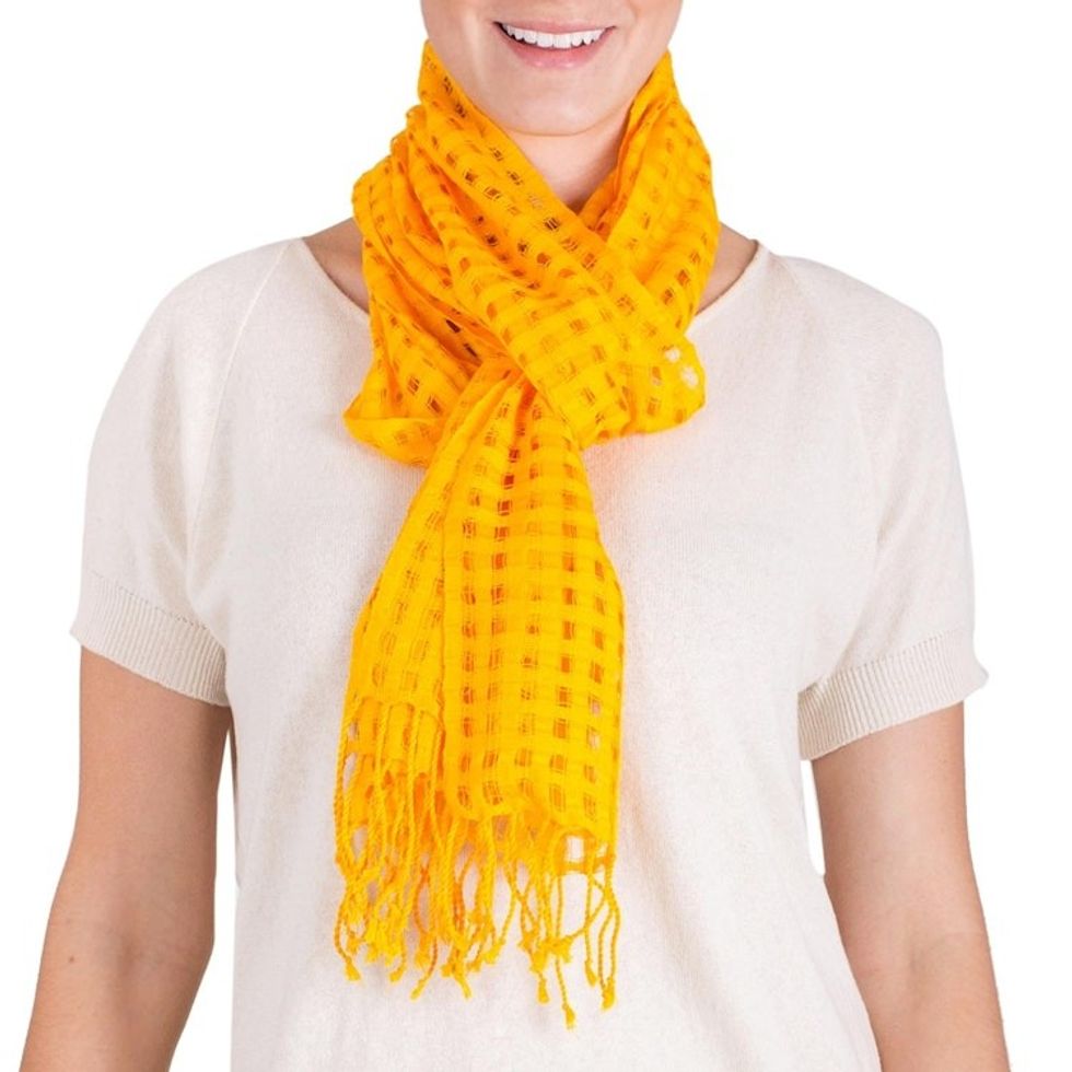 Guatemalan Backstrap Handwoven Saffron Yellow Cotton Scarf 'Saffron Yellow Net'