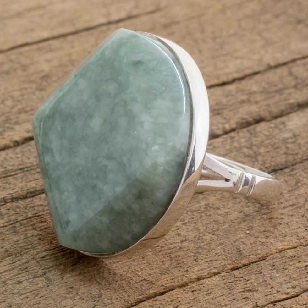 Handcrafted Apple Green Maya Jade Ring in Sterling Silver 'Love's Cycles in Apple Green'