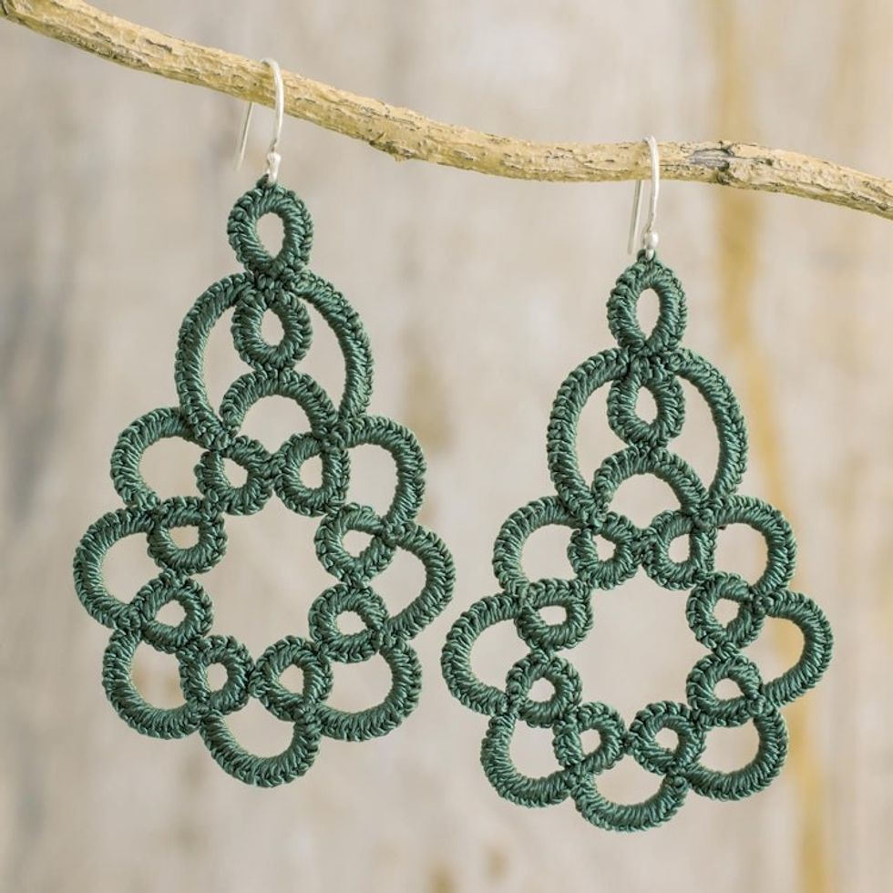 Hand-Tatted Dangle Earrings in Green from Guatemala 'Beauty of the Forest'