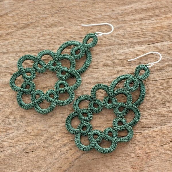 Alternate image for Hand-Tatted Dangle Earrings in Green from Guatemala Beauty of the Forest