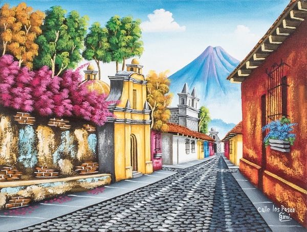 Alternate image for Realist Signed Guatemala Village Panting Calle de los Pasos