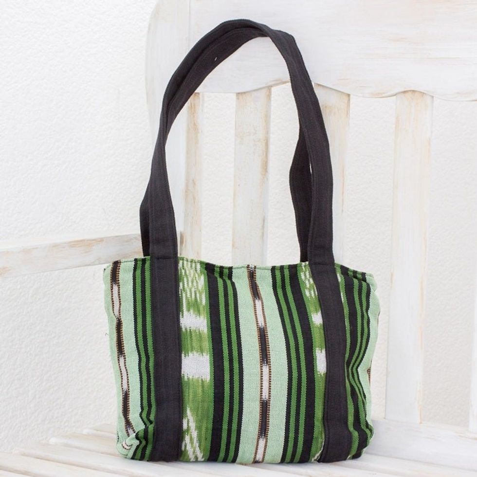 Green and Black Stripe Handwoven Shoulder Bag 11 Inch 'Glorious Stripes'