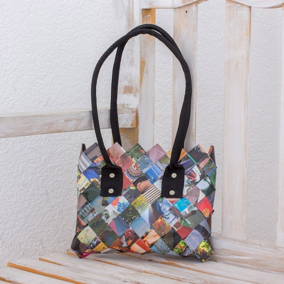 Handcrafted Multicolor Recycled Magazine Paper Shoulder Bag 'Modern Collage'