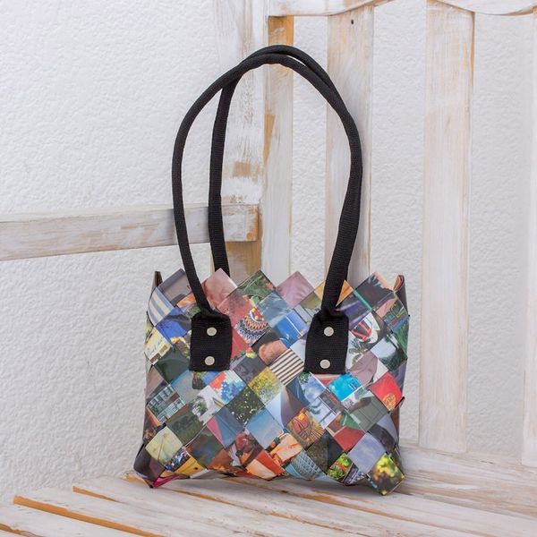 Alternate image for Handcrafted Multicolor Recycled Magazine Paper Shoulder Bag Modern Collage