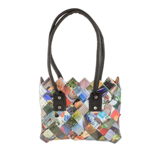 Alternate image for Handcrafted Multicolor Recycled Magazine Paper Shoulder Bag Modern Collage