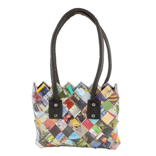 Alternate image for Handcrafted Multicolor Recycled Magazine Paper Shoulder Bag Modern Collage