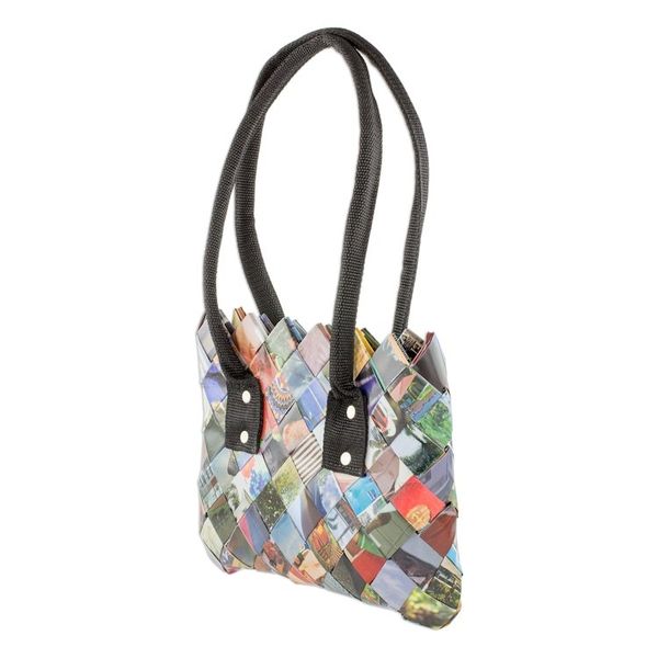 Alternate image for Handcrafted Multicolor Recycled Magazine Paper Shoulder Bag Modern Collage
