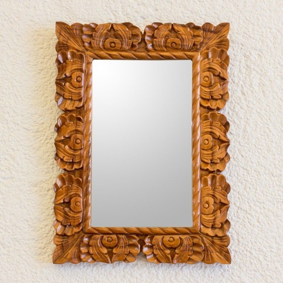 Guatemalan Hand Carved Conacaste Wood Wall Mirror 'Naturally Baroque'