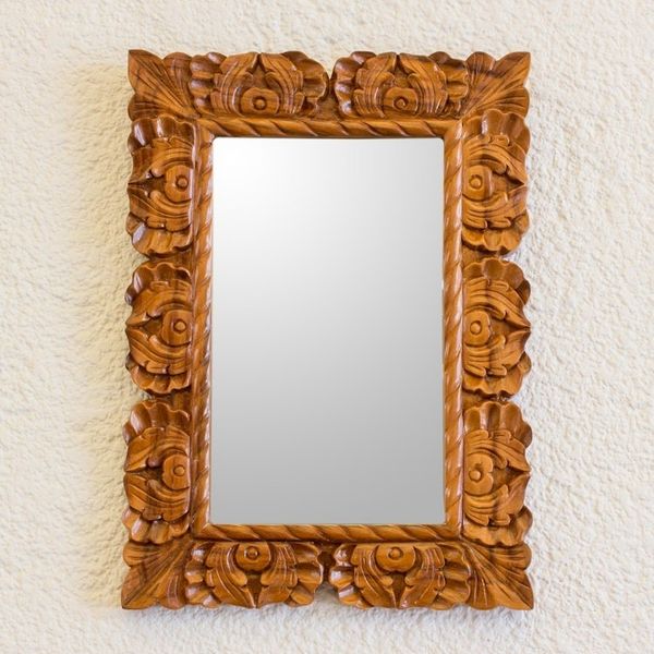Alternate image for Guatemalan Hand Carved Conacaste Wood Wall Mirror Naturally Baroque