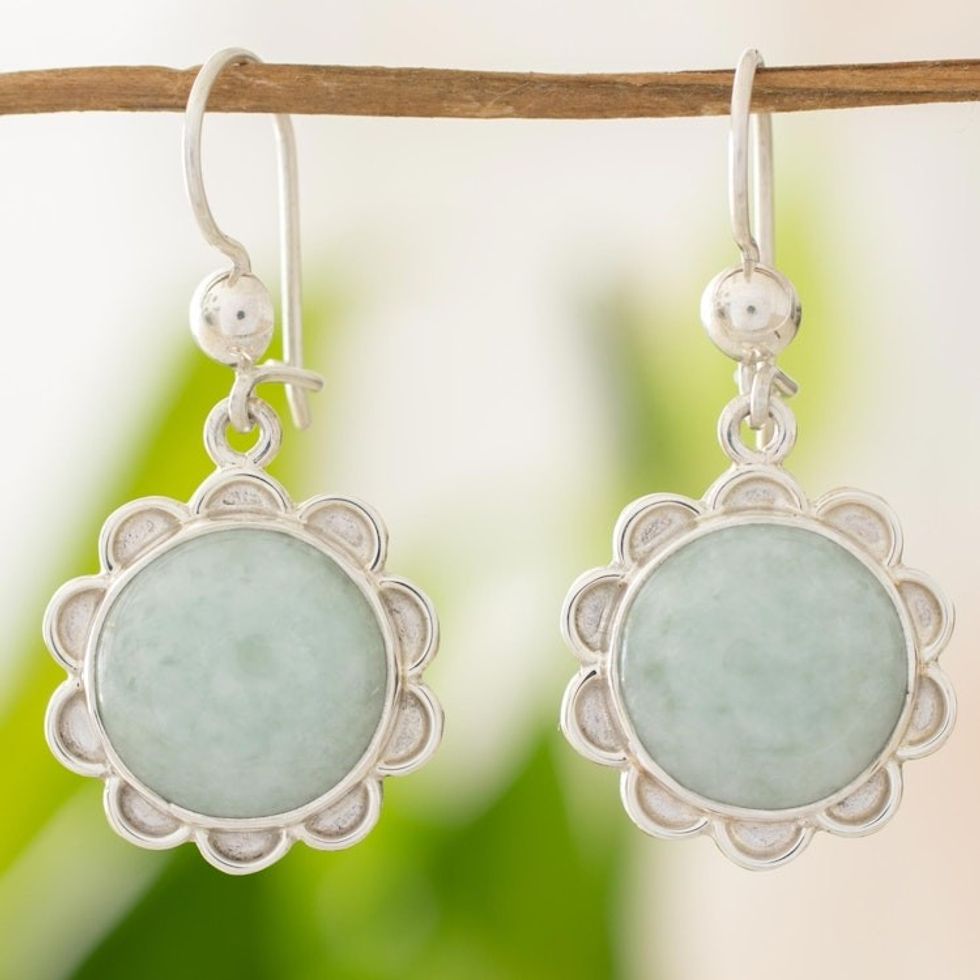 Sterling Silver Flower Earrings with Light Green Jade 'Solar Apple Flower'