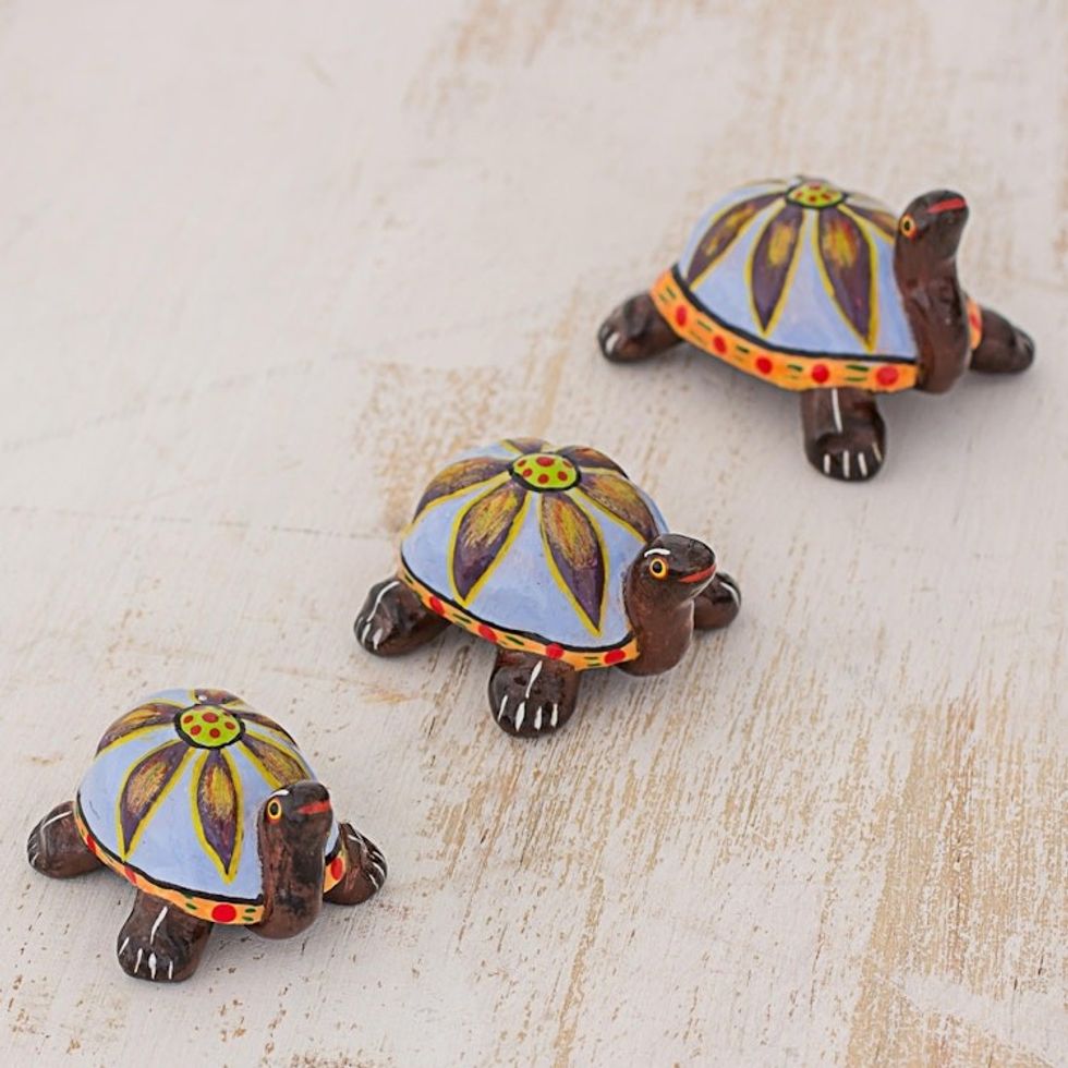 Blue Ceramic Sculptures Turtles Set of 3 from Guatemala 'Flower Turtles in Blue'