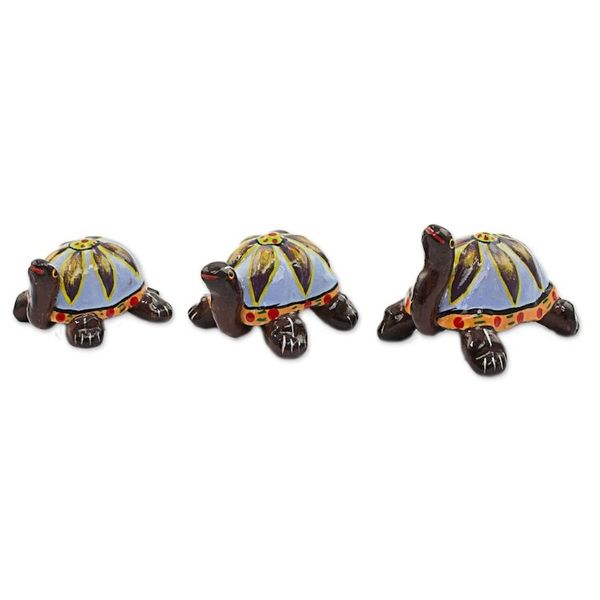 Alternate image for Blue Ceramic Sculptures Turtles Set of 3 from Guatemala Flower Turtles in Blue
