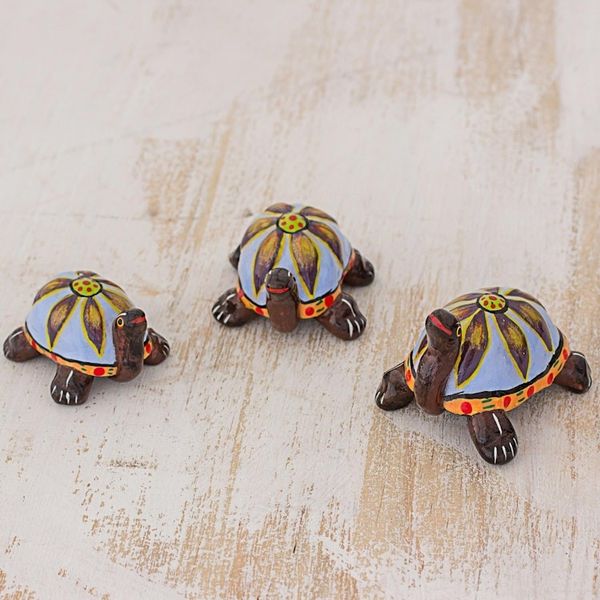 Alternate image for Blue Ceramic Sculptures Turtles Set of 3 from Guatemala Flower Turtles in Blue