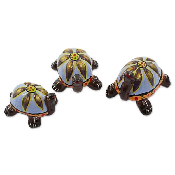 Alternate image for Blue Ceramic Sculptures Turtles Set of 3 from Guatemala Flower Turtles in Blue