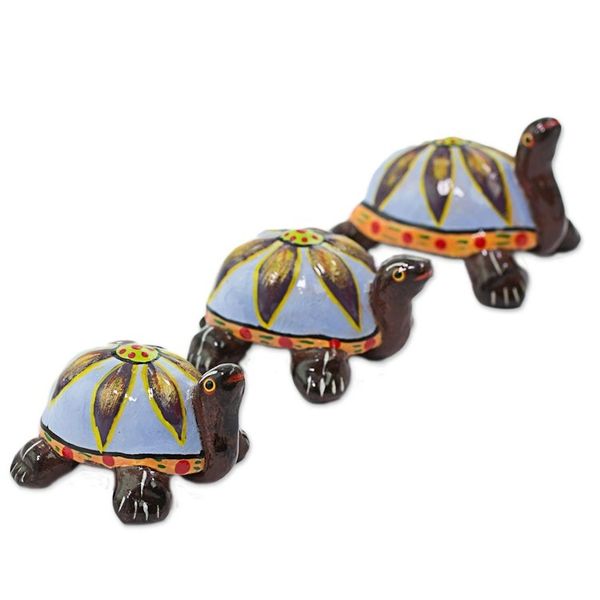 Alternate image for Blue Ceramic Sculptures Turtles Set of 3 from Guatemala Flower Turtles in Blue