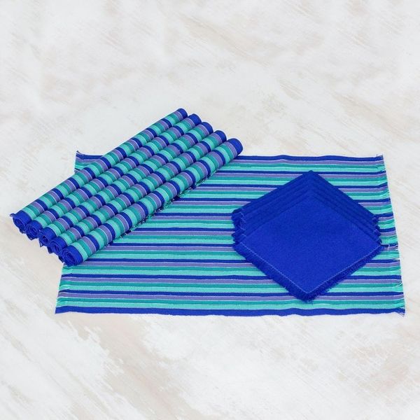 Alternate image for Set of 6 Cotton Placemats and Napkins in Blue from Guatemala Colors of the Sea