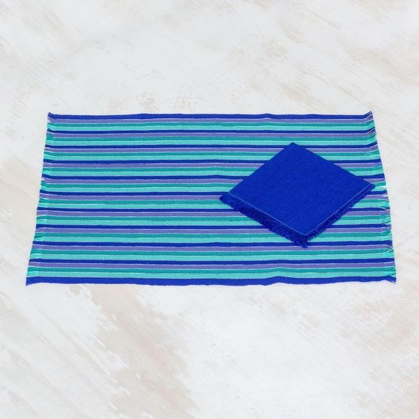 Alternate image for Set of 6 Cotton Placemats and Napkins in Blue from Guatemala Colors of the Sea