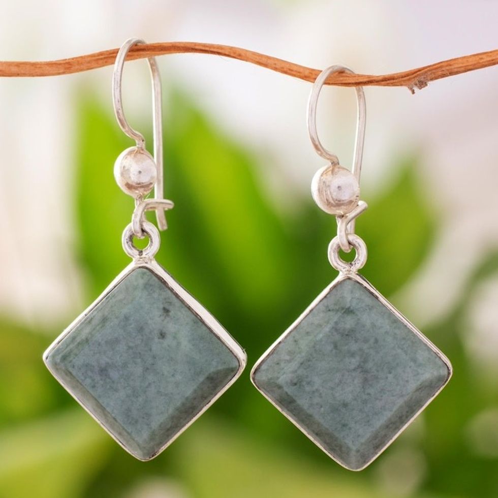 Diamond Shaped Light Green Jade Earrings in Sterling Silver 'Light Green Lake'