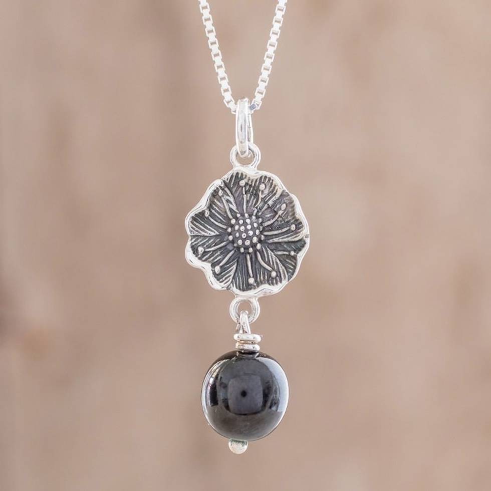Floral Black Jade Pendant Necklace from Guatemala 'Guatemalan Flower'