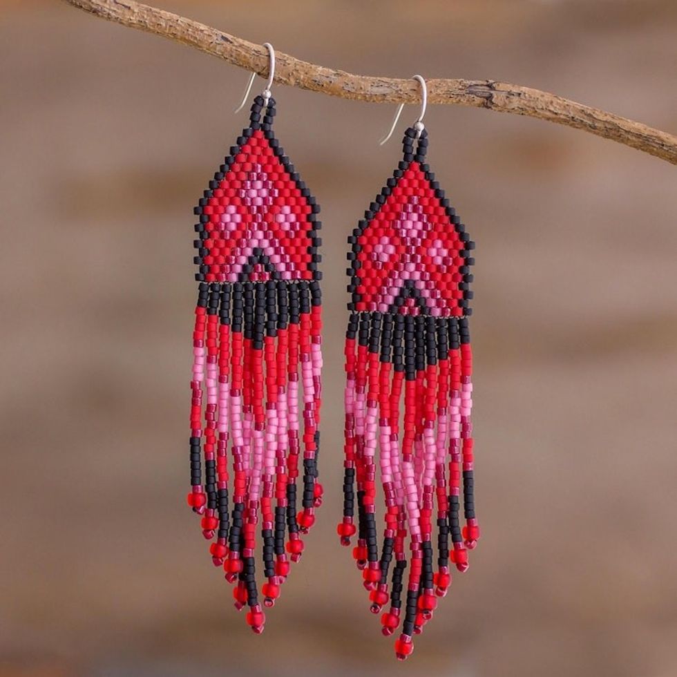 Red, Pink and Black Woven Bead Waterfall Earrings 'Peaks and Valleys in Red'