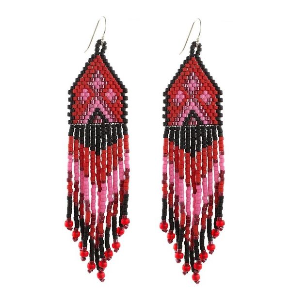 Alternate image for Red, Pink and Black Woven Bead Waterfall Earrings Peaks and Valleys in Red