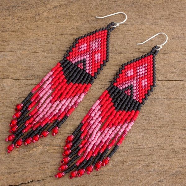 Alternate image for Red, Pink and Black Woven Bead Waterfall Earrings Peaks and Valleys in Red